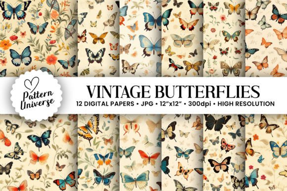 Vintage Butterfly Digital Paper Patterns
